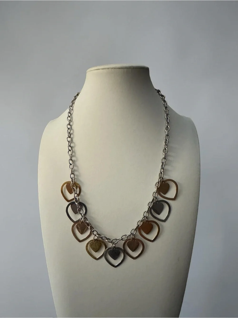 Vintage Milor Stainless Steel Tri-Tone Heart Bib Necklace